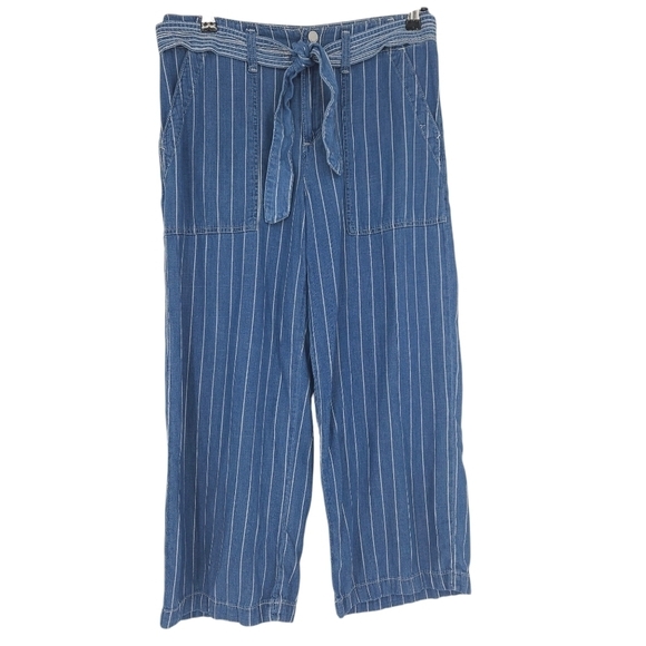 Seven7 Denim - Seven7 Wide Leg Cropped Jeans Blue Striped High Rise Denim Tie Belt Palazzo 4
